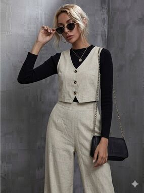 Stylish Cream Wide Leg Pants & Vest Set